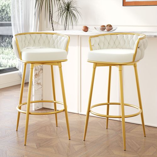 Swivel Counter Height Bar Stools Set of 2,31.5"Bar Height Stools with Hand-Woven Backrest & Gold Metal Legs Swivel Counter Height Bar Stools Set of 2,31.5"Bar Height Stools with Hand-Woven Backrest & Gold Metal Legs