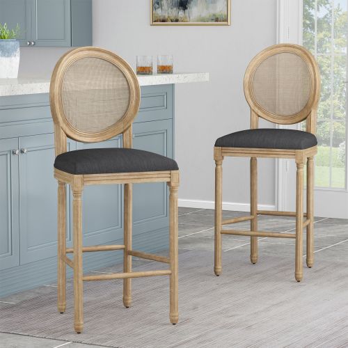French Country cane bar stool 2 piece set with solid wood frame and upholstered seat, 30.25-inch bar stool French Country cane bar stool 2 piece set with solid wood frame and upholstered seat, 30.25-inch bar stool